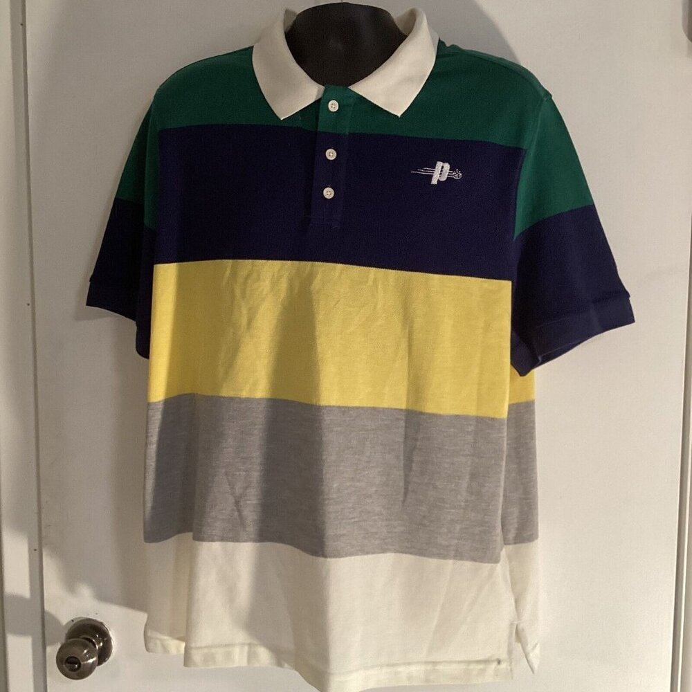 Prince Pickleball Men's Polo Shirt SIZE XL Green Navy Blue Yellow Stripped